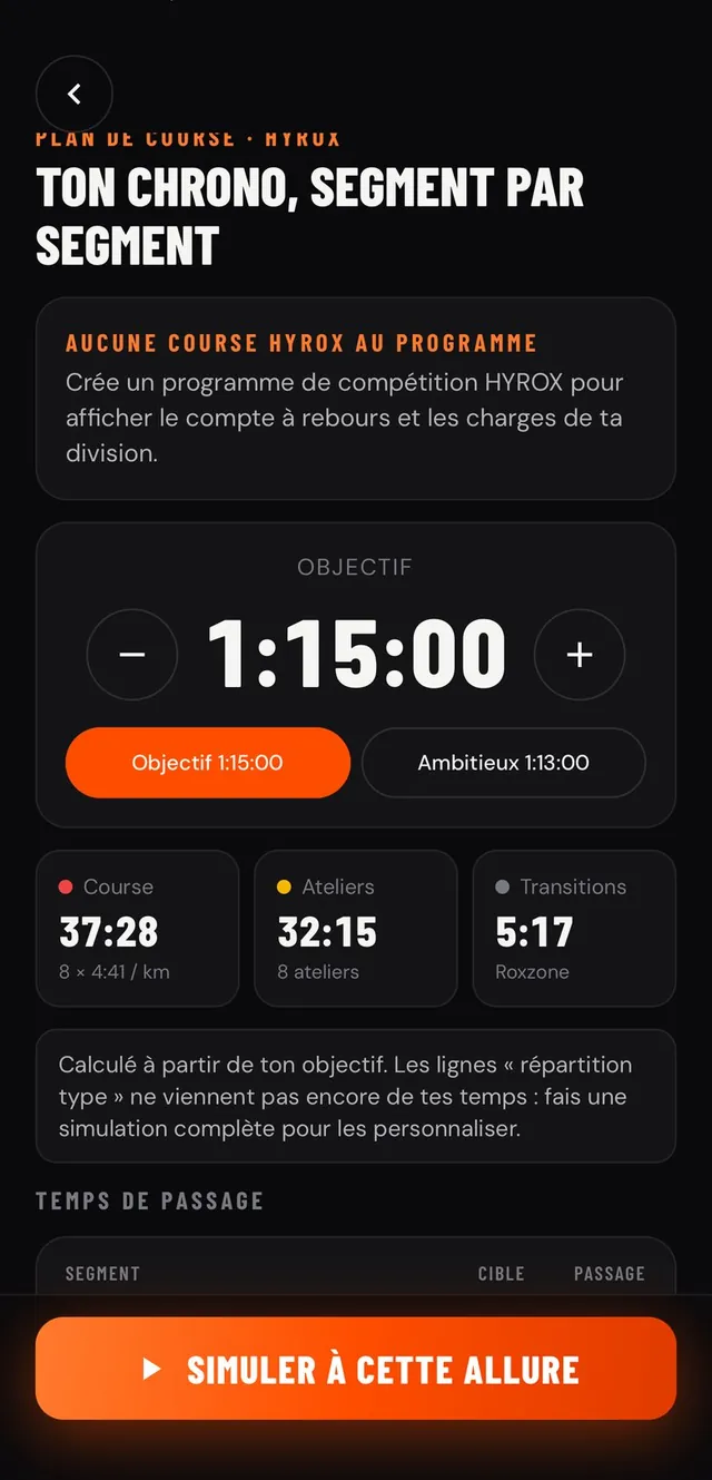 Écran HYROX : ton chrono, segment par segment