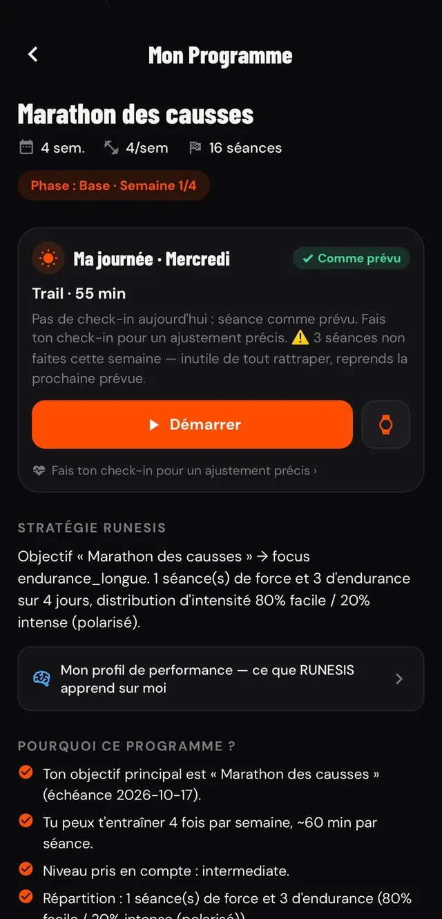 Écran Mon programme : Marathon des causses, ta journée du mercredi, trail 55 minutes