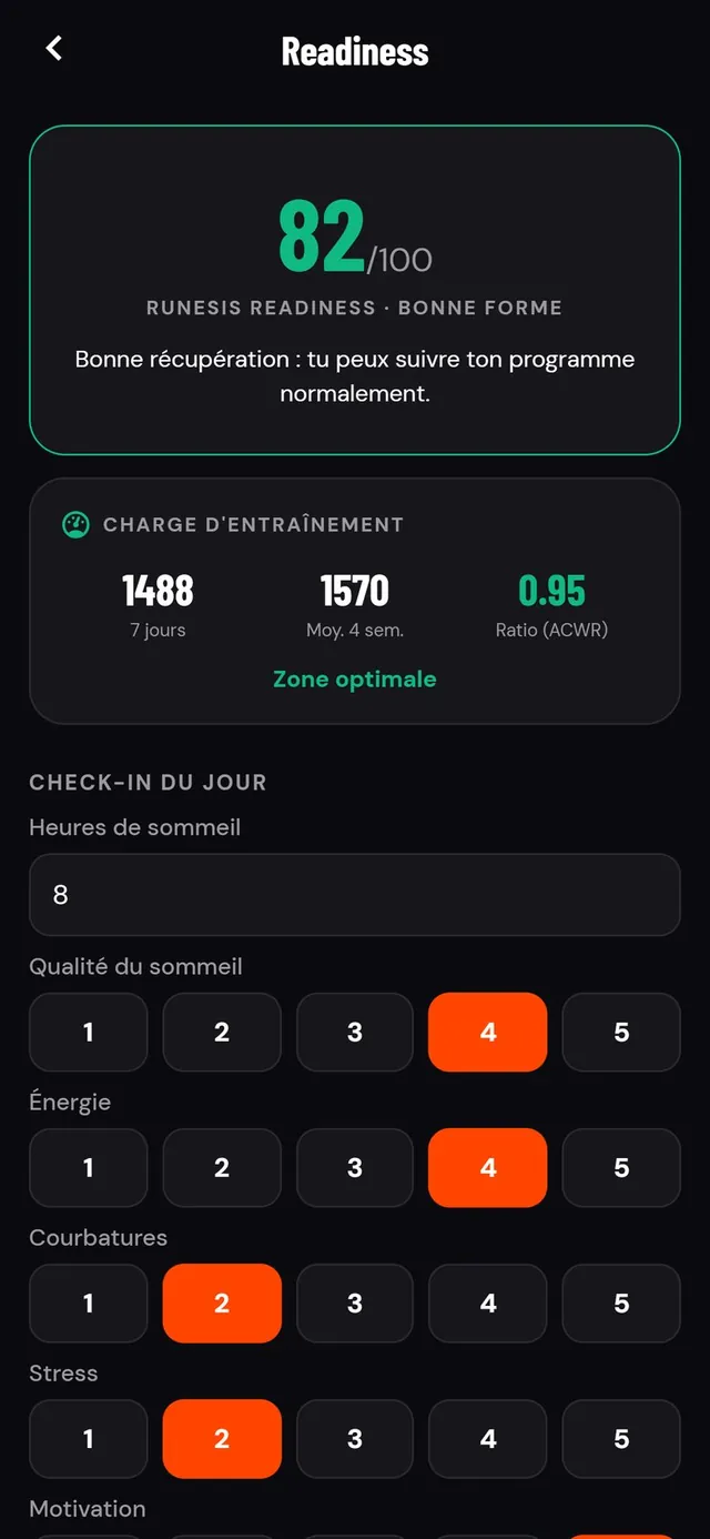 Écran Readiness : 82 sur 100, bonne forme