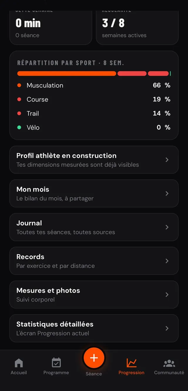 Écran Progression : répartition par sport sur 8 semaines
