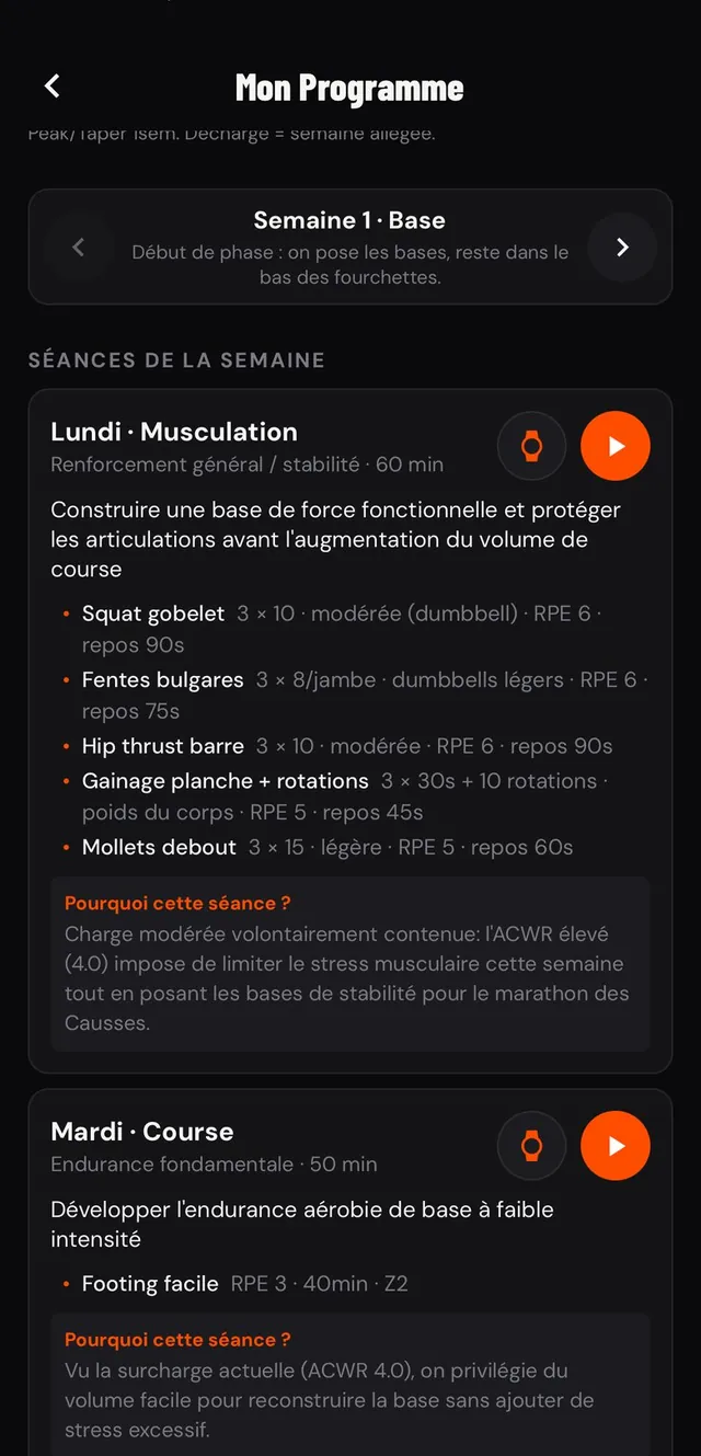 Écran Mon programme, semaine 1