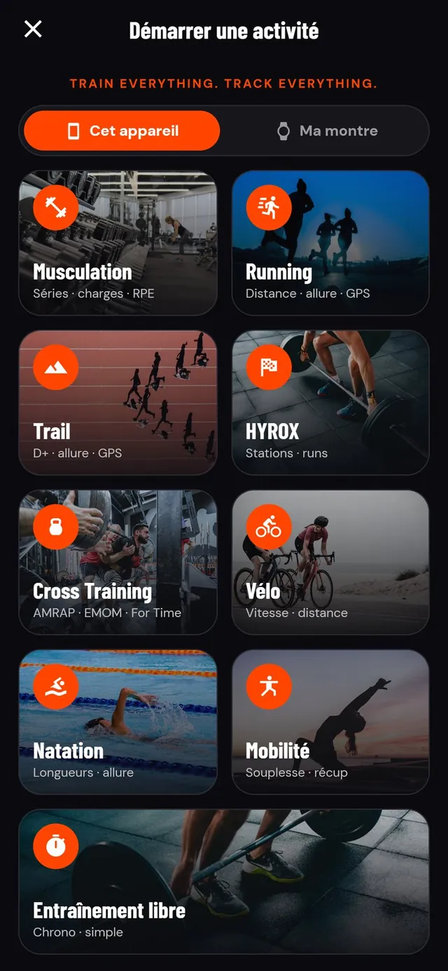 Écran Démarrer une activité : musculation, running, trail, HYROX, cross training, vélo, natation, mobilité