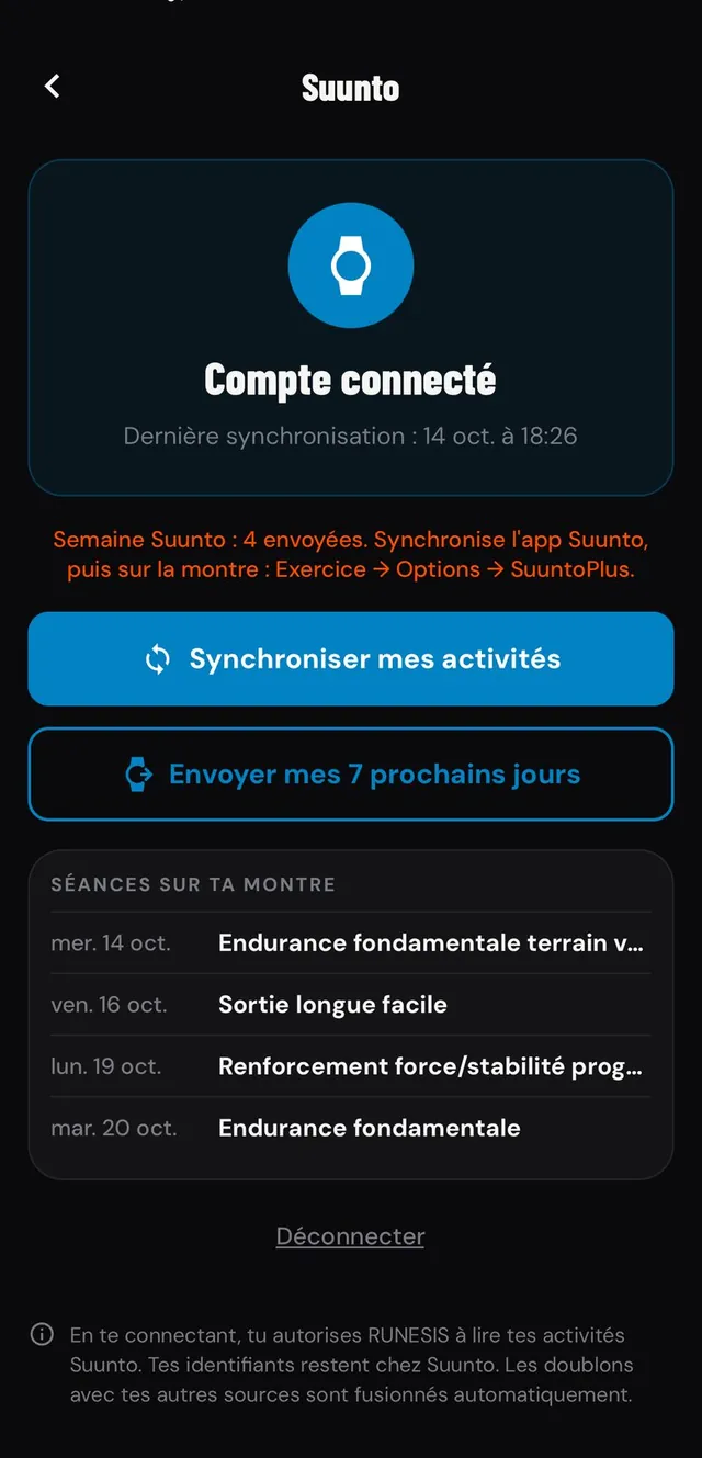 Écran Suunto : compte connecté, synchroniser mes activités, envoyer mes 7 prochains jours