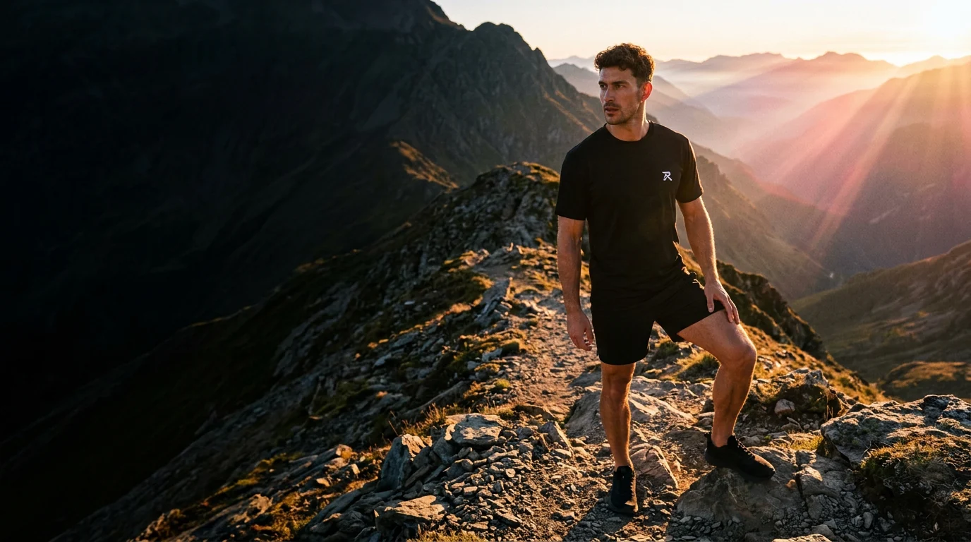 Athlète au sommet d'un sentier de montagne au lever du soleil
