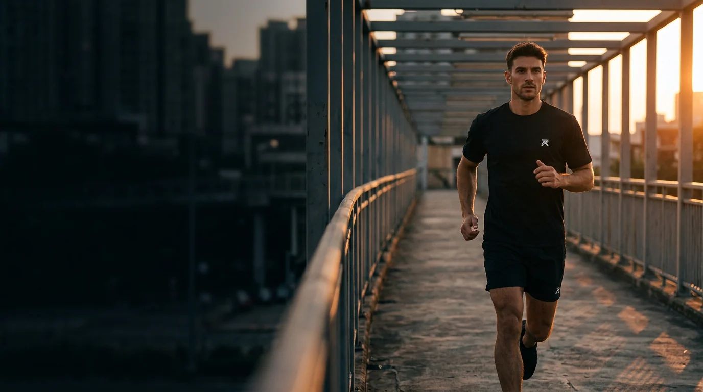 Athlète en t-shirt et short RUNESIS courant sur une passerelle